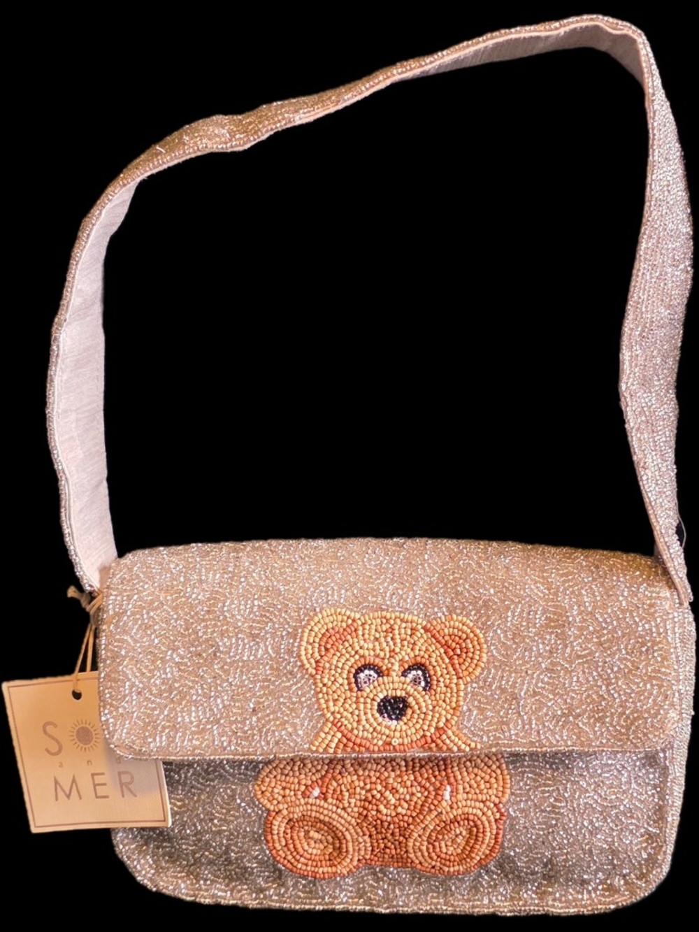 Beaded Teddy Shoulder Bag in Champagne